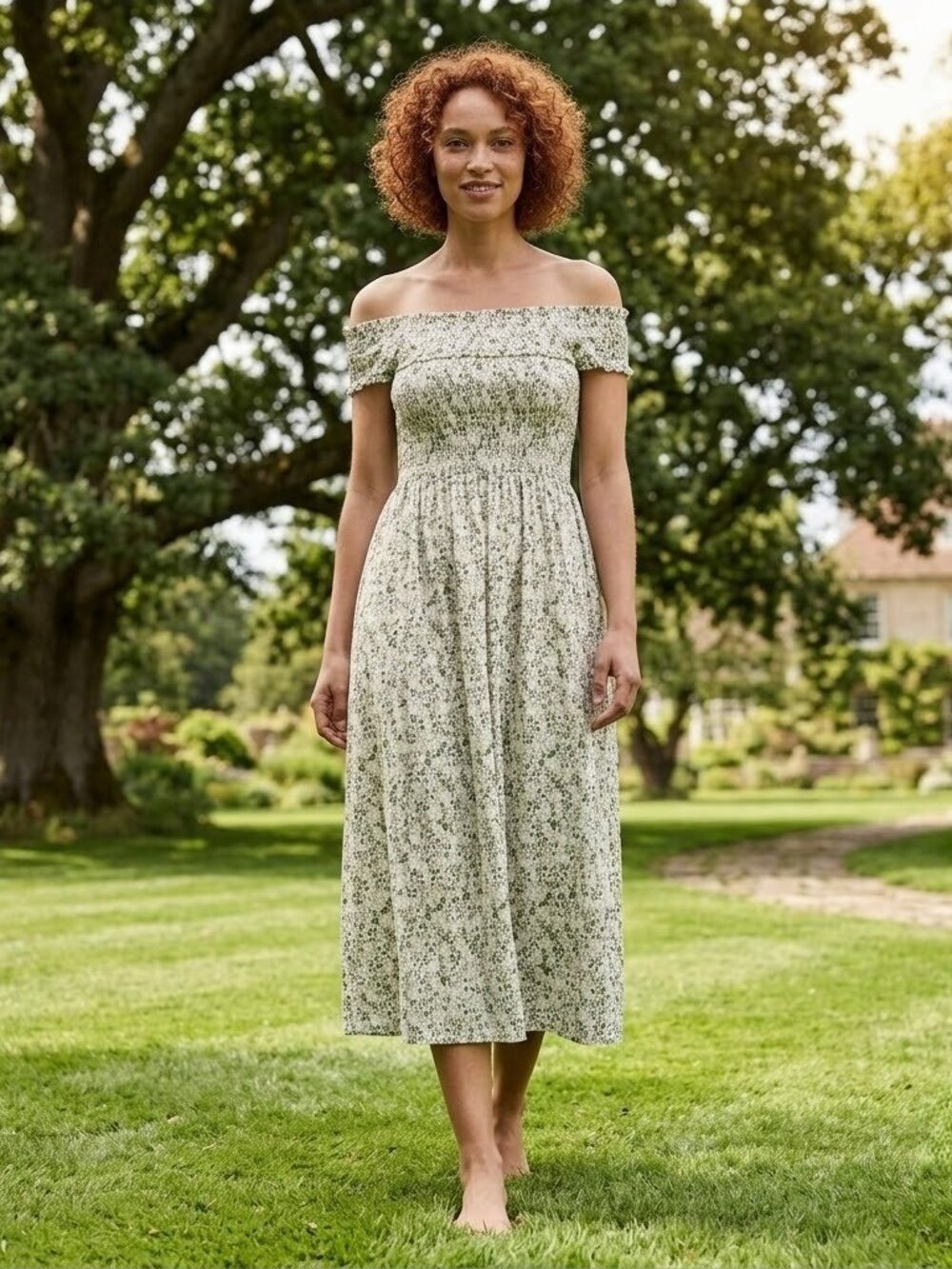 NWT Hill House Marguerite Nap in Sand Basketweave Vine Smocked Midi Dress L